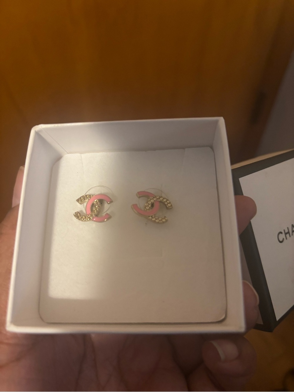 CHANEL Pink CC Crystal Enamel Stud Earrings